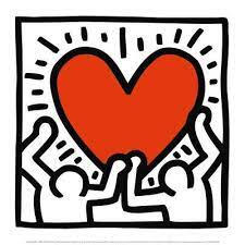 a pop art piece of two people, outlined in black on a white background, holding up a red heart with lines around it.